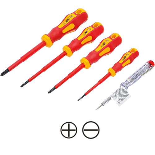 Skrutkovače elektrikárske VDE so skúšačkou, ploché SL 3 - 4 mm, krížové PH1 - PH2, 5 dielov